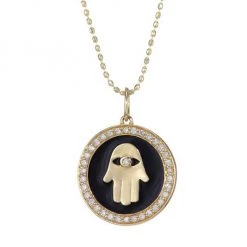 Sydney Evan Diamond, 14K Yellow Gold & Black Enamel Hamsa Charm Necklace