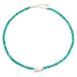 Sydney Evan Pure Love Script 14K Yellow Gold & Turquoise Faceted Rondelle Beaded Necklace