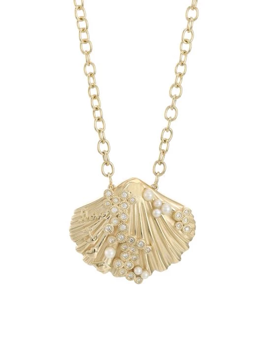 Sydney Evan 14K Yellow Gold, Diamond, & 2-3MM Pearl Clamshell Pendant Necklace 3 Sydney Evan 14K Yellow Gold, Diamond, & 2-3MM Pearl Clamshell Pendant Necklace