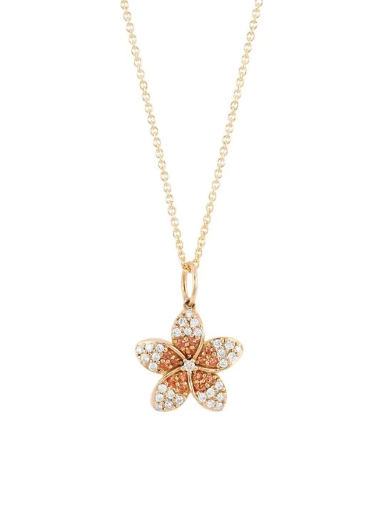 Sydney Evan 14K Yellow Gold, Diamond, & Orange Sapphire Plumeria Pendant Necklace 3 Sydney Evan 14K Yellow Gold, Diamond, & Orange Sapphire Plumeria Pendant Necklace