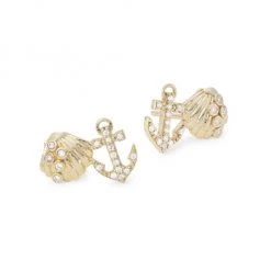 Sydney Evan Anchor Shell 14K Gold & Diamond Cluster Stud Earrings