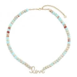 Sydney Evan 14K Yellow Gold, Jasper & Diamond Large Love Script Pendant Beaded Necklace