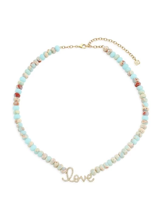 Sydney Evan 14K Yellow Gold, Jasper & Diamond Large Love Script Pendant Beaded Necklace 3 Sydney Evan 14K Yellow Gold, Jasper & Diamond Large Love Script Pendant Beaded Necklace